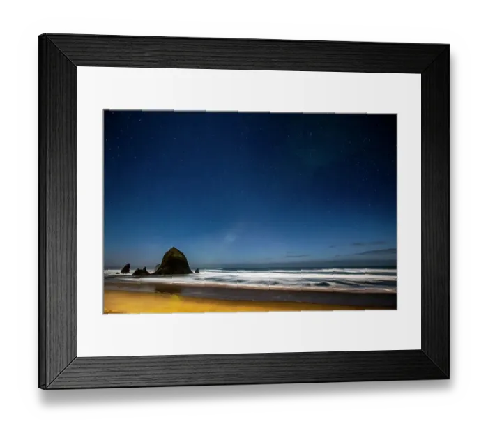 Framed Print : USA, Oregon. Cannon Beach and Haystack Rock stars showing during blue light