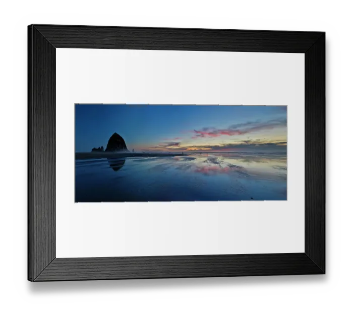 Framed Print : USA, Oregon. Cannon Beach and panorama of Haystack at sunset and low tide Framed Print : USA, Oregon. Cannon Beach and panorama of Haystack at sunset and low tide