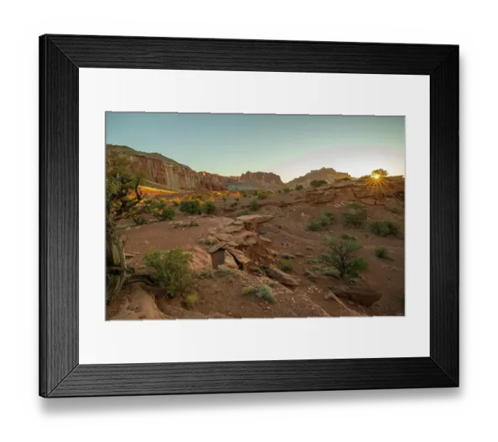 Framed Print : USA, Utah, Capitol Reef National Park. Sunrise sunburst on landscape