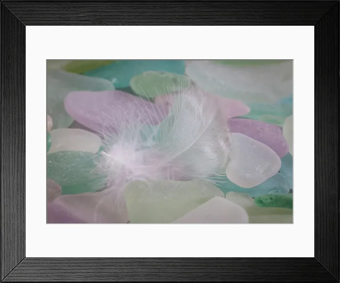 Framed Print : USA, Washington State, Seabeck. Feather and beach glass close-up Framed Print : USA, Washington State, Seabeck. Feather and beach glass close-up