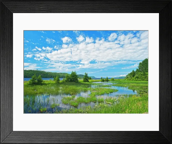 Framed Print : Canada, Ontario. Clouds and wetland at Lake Nipigon