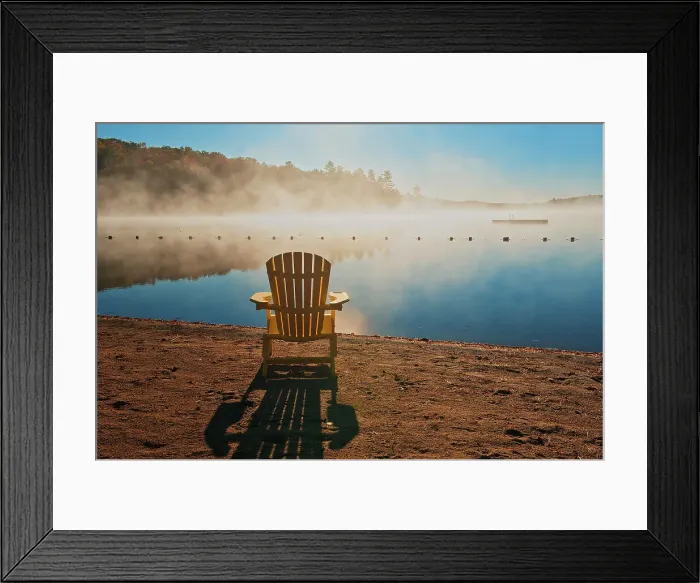 Framed Print : Canada, Ontario, Silent Lake Provincial Park. Muskoka chair and morning fog on Silent Lake Framed Print : Canada, Ontario, Silent Lake Provincial Park. Muskoka chair and morning fog on Silent Lake