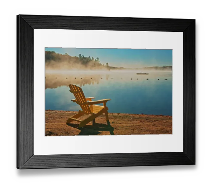Framed Print : Canada, Ontario, Silent Lake Provincial Park. Muskoka chair and morning fog on Silent Lake Framed Print : Canada, Ontario, Silent Lake Provincial Park. Muskoka chair and morning fog on Silent Lake
