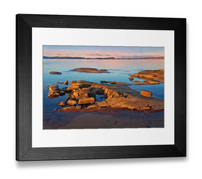 Framed Print : Canada, Ontario, Rossport. Rocky shoreline of Lake Superior at sunrise