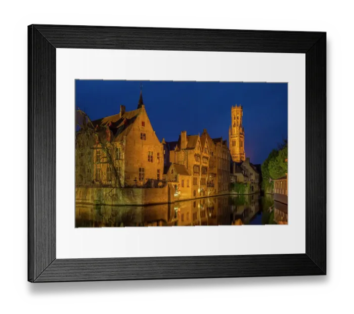 Framed Print : Belgium, Bruges. Buildings reflect in canal at twilight Framed Print : Belgium, Bruges. Buildings reflect in canal at twilight