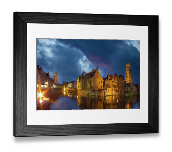 Framed Print : Belgium, Bruges. Buildings reflect in canal at twilight Framed Print : Belgium, Bruges. Buildings reflect in canal at twilight
