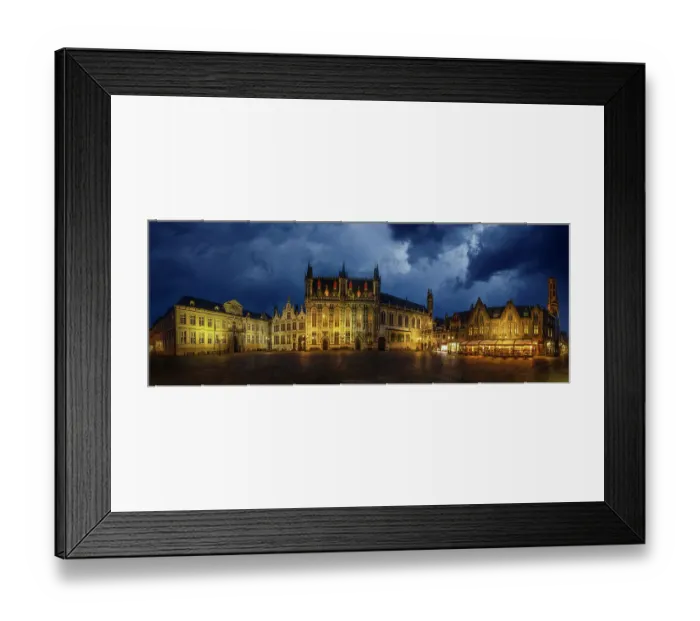 Framed Print : Belgium, Brugge. Panoramic of medieval architecture and square at night Framed Print : Belgium, Brugge. Panoramic of medieval architecture and square at night
