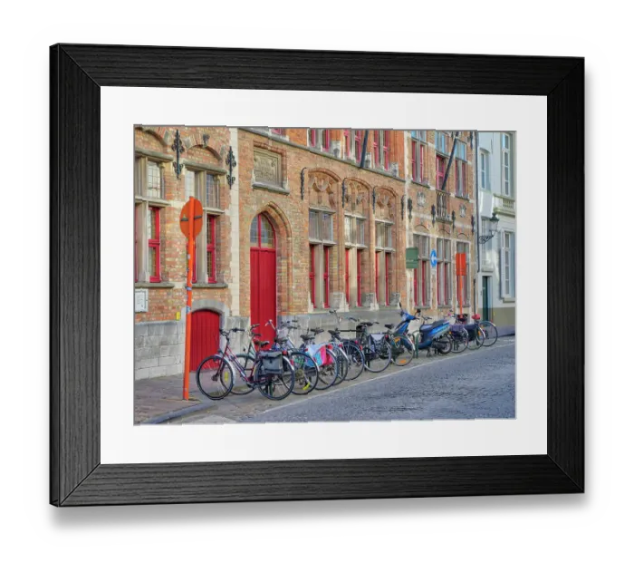 Framed Print : Belgium, Brugge. Bicycles parked along the street Framed Print : Belgium, Brugge. Bicycles parked along the street