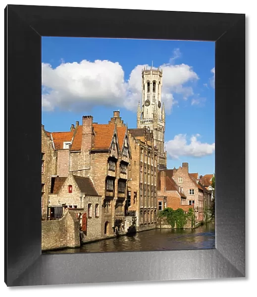 Belgium, Bruges. Belfry of Bruges towers over the buildings at the junction of the Groenerei and Dijver canals