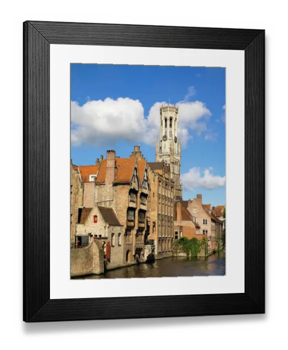 Framed Print : Belgium, Bruges. Belfry of Bruges towers over the buildings at the junction of the Groenerei and Dijver canals Framed Print : Belgium, Bruges. Belfry of Bruges towers over the buildings at the junction of the Groenerei and Dijver canals