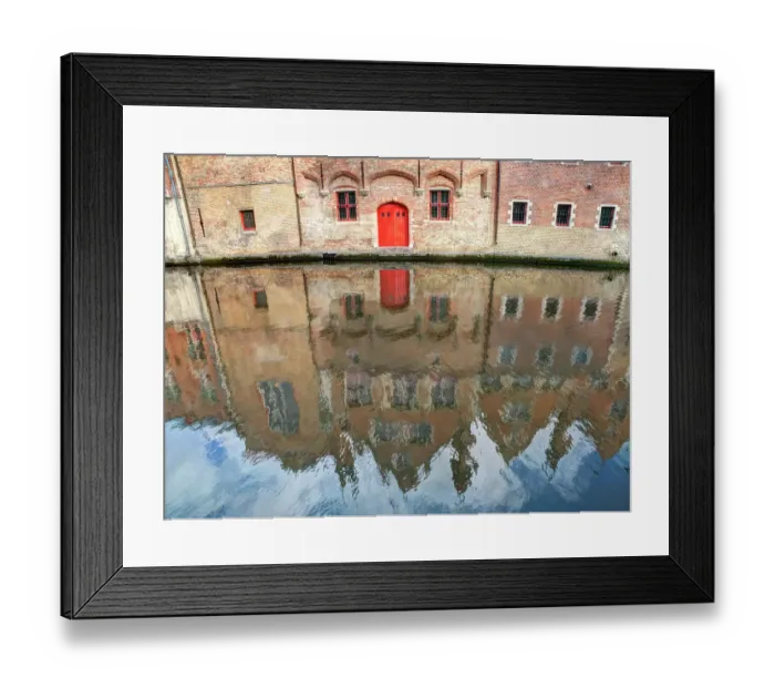 Framed Print : Belgium, Bruges. Reflections of medieval buildings along canal
