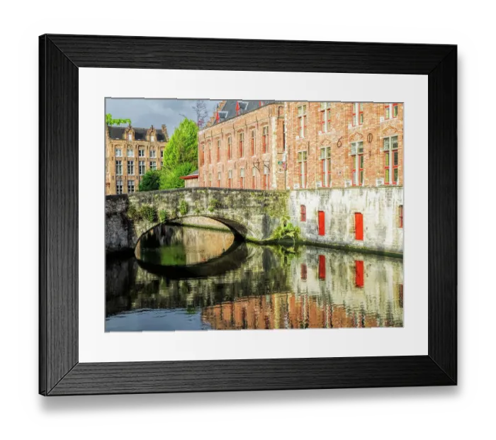 Framed Print : Belgium, Brugge. Reflections of medieval buildings along canal