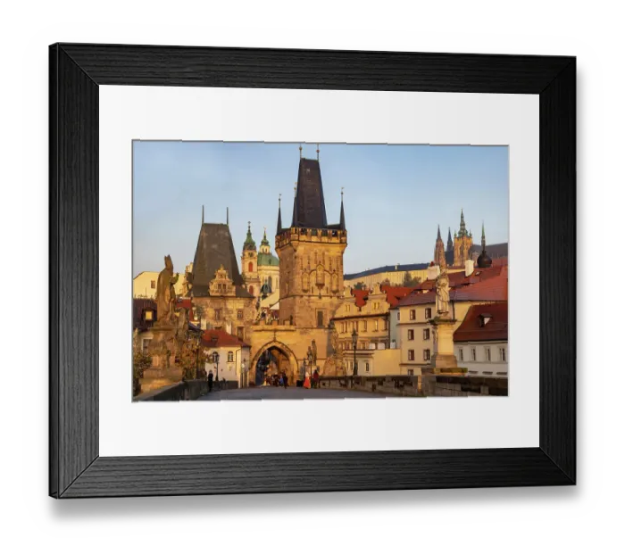 Framed Print : Arch of Lesser Town Bridge Tower on Charles Bridge with St. Nicholas Church in Prague, Czech Republic
