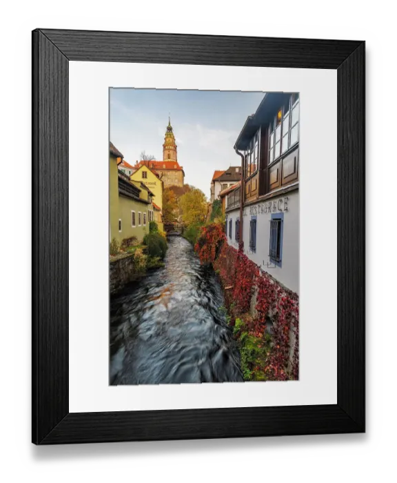 Framed Print : Looking down canal to Castle Tower in Cesky Krumlov, Czech Republic Framed Print : Looking down canal to Castle Tower in Cesky Krumlov, Czech Republic