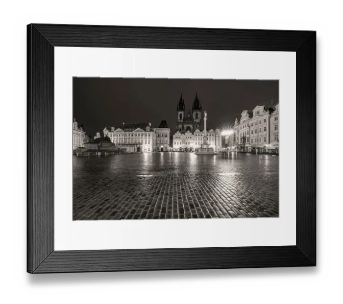 Framed Print : Tyn Church at dawn on wet cobblestones in Old Town Square in Prague, Czech Republic