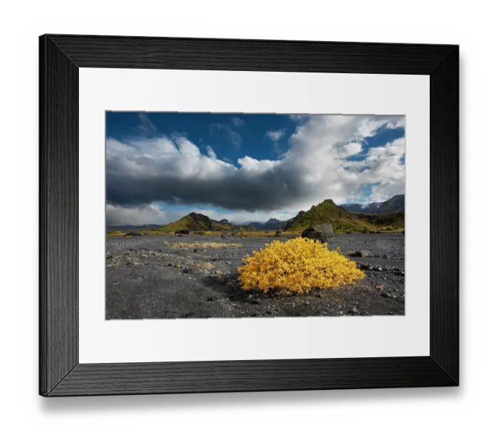 Framed Print : Beautiful Valley of Thor reaches into the highlands of Iceland. Here fall color livens the landscape