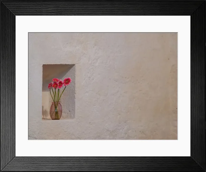 Framed Print : Simple floral tribute growing a niche in the great stone walls of Ballintubber Abbey, County Mayo, Ireland