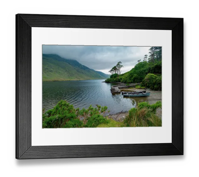 Framed Print : Boats wait for passengers at Doo Lough, part of a national park in County Mayo, Ireland