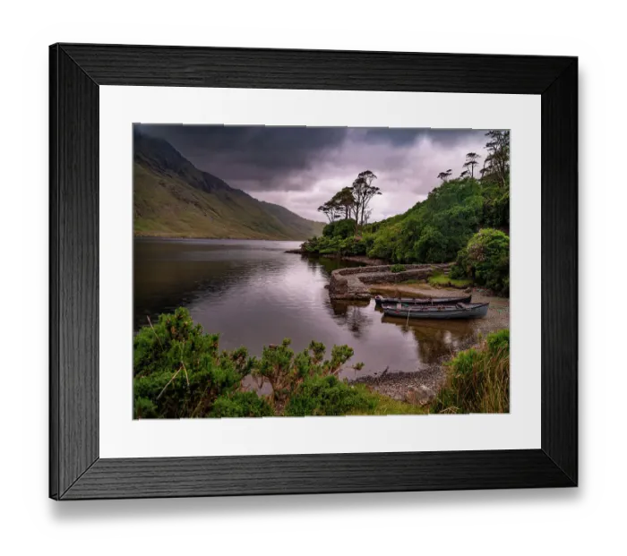 Framed Print : Boats wait for passengers at Doo Lough, part of a national park in County Mayo, Ireland Framed Print : Boats wait for passengers at Doo Lough, part of a national park in County Mayo, Ireland