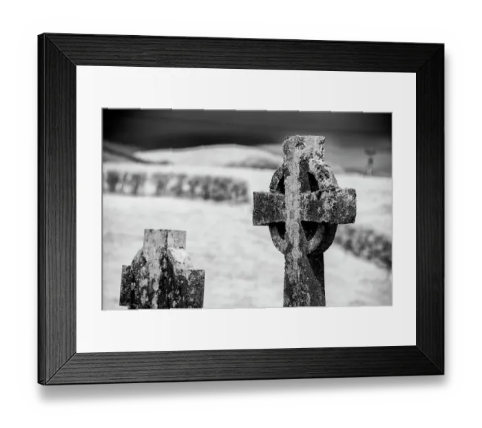 Framed Print : Old lichen-covered Celtic cross has been here for many years at Burrishoole Abbey in County Mayo, Ireland
