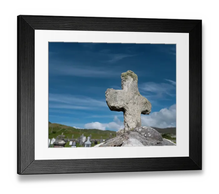 Framed Print : Worn stone cross adorns a grave in Kildavnet, Achill Island, County Mayo, Ireland Framed Print : Worn stone cross adorns a grave in Kildavnet, Achill Island, County Mayo, Ireland