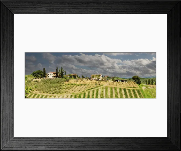 Framed Print : Tuscan landscape under thunder clouds. Farmhouse with vineyard. Tuscany, Italy Framed Print : Tuscan landscape under thunder clouds. Farmhouse with vineyard. Tuscany, Italy