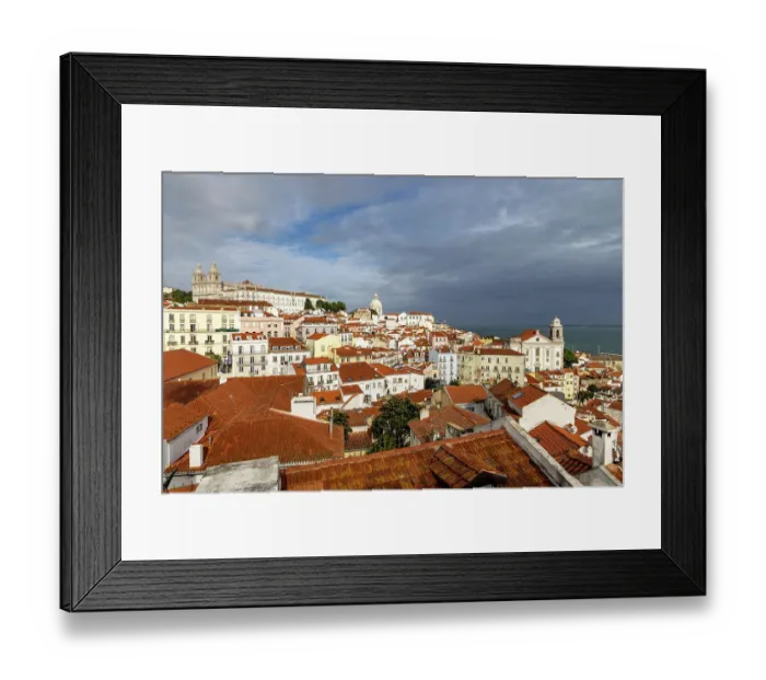 Framed Print : Signature red roof tile buildings at overview in Lisbon, Portugal Framed Print : Signature red roof tile buildings at overview in Lisbon, Portugal
