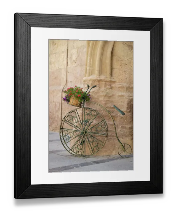 Framed Print : Cordoba, Spain. Bicycle planter in front of old stone building Framed Print : Cordoba, Spain. Bicycle planter in front of old stone building