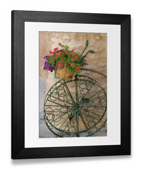 Framed Print : Cordoba, Spain. Bicycle planter in front of old stone building Framed Print : Cordoba, Spain. Bicycle planter in front of old stone building