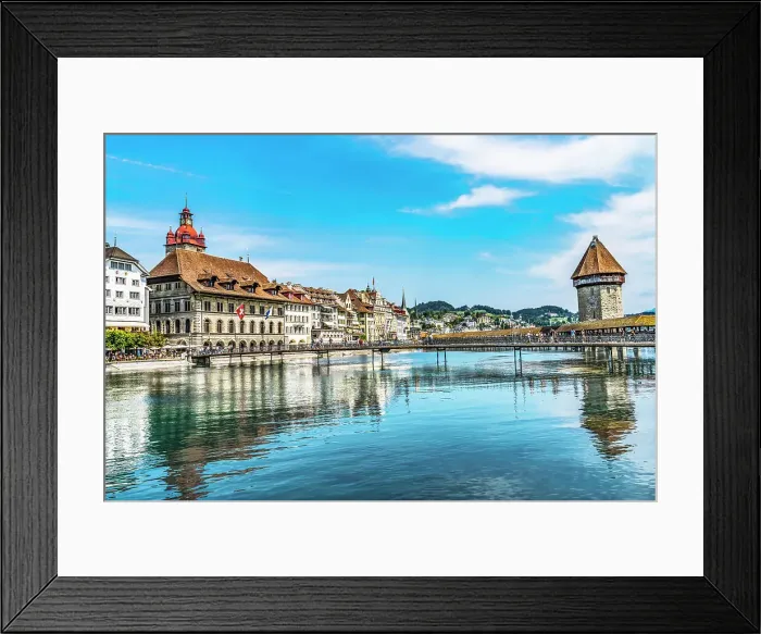Framed Print : Inner harbor restaurants, and shops, Lucerne, Switzerland. Built in 1365, almost burned down in 1993