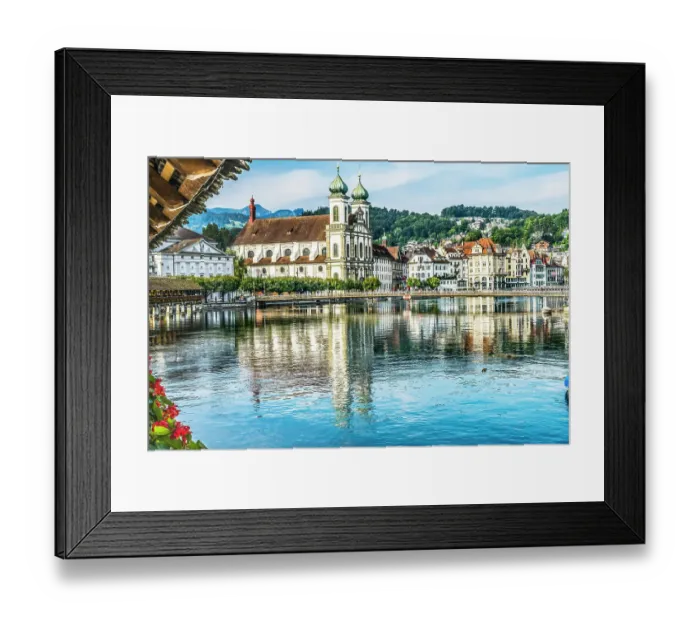 Framed Print : Kapellbrucke Jesuit Church reflection, Lucerne, Switzerland. Built in 1365