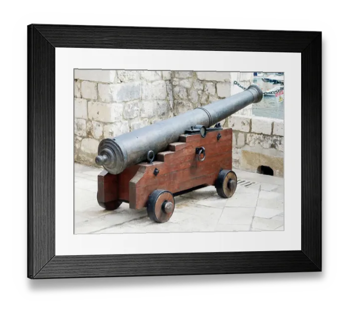 Framed Print : Croatia, Dubrovnik. A defense cannon on top level of Fort Lovrijenac