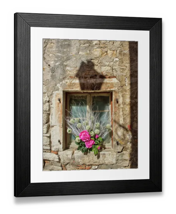 Framed Print : Croatia, Rovinj, Istria. Colorful bouquet of flowers decorate an old window Framed Print : Croatia, Rovinj, Istria. Colorful bouquet of flowers decorate an old window