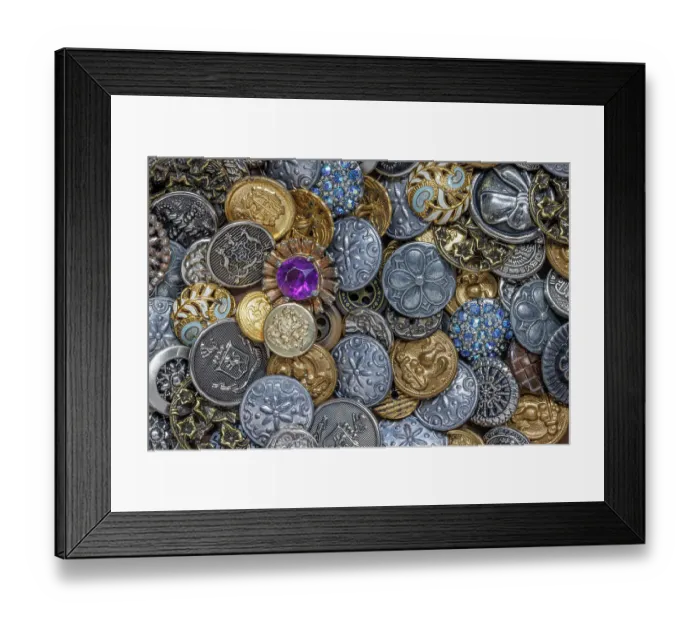 Framed Print : Close-up of variety of metal buttons Framed Print : Close-up of variety of metal buttons
