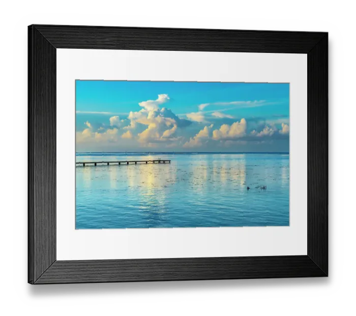 Framed Print : Rain storm reflection, Moorea, Tahiti, French Polynesia. Different blue colors in water in lagoon and coral reefs
