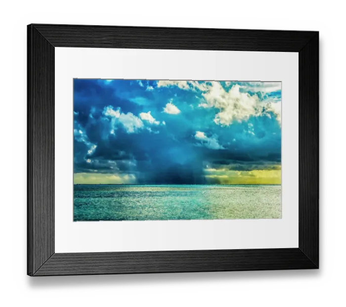Framed Print : Rain storm cloud, Moorea, Tahiti, French Polynesia. Different blue colors from lagoon and coral reefs Framed Print : Rain storm cloud, Moorea, Tahiti, French Polynesia. Different blue colors from lagoon and coral reefs