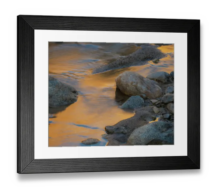 Framed Print : USA, California, Anza-Borrego Desert State Park. Rocks and golden reflection on creek Framed Print : USA, California, Anza-Borrego Desert State Park. Rocks and golden reflection on creek