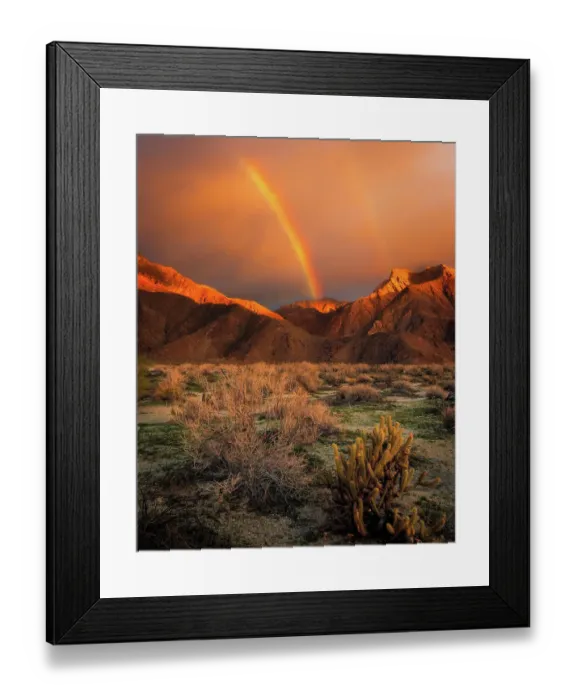 Framed Print : USA, California, Anza-Borrego Desert State Park. Rainbow over desert mountains at sunrise