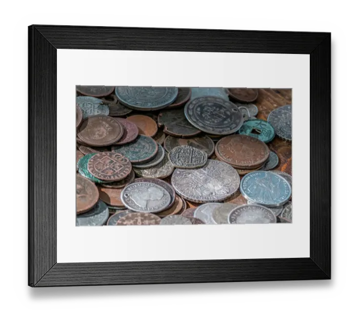 Framed Print : Worn old international coins were on display in Coloma, California, USA Framed Print : Worn old international coins were on display in Coloma, California, USA
