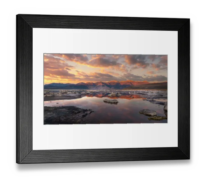 Framed Print : Sierra Nevada sunrise reflects in Mono Lake
