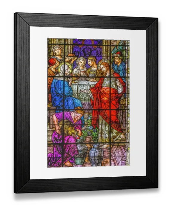 Framed Print : Jesus Changing Water Wine stained glass Gesu Church, Miami, Florida. Built 1920's. Glass by Franz Mayer