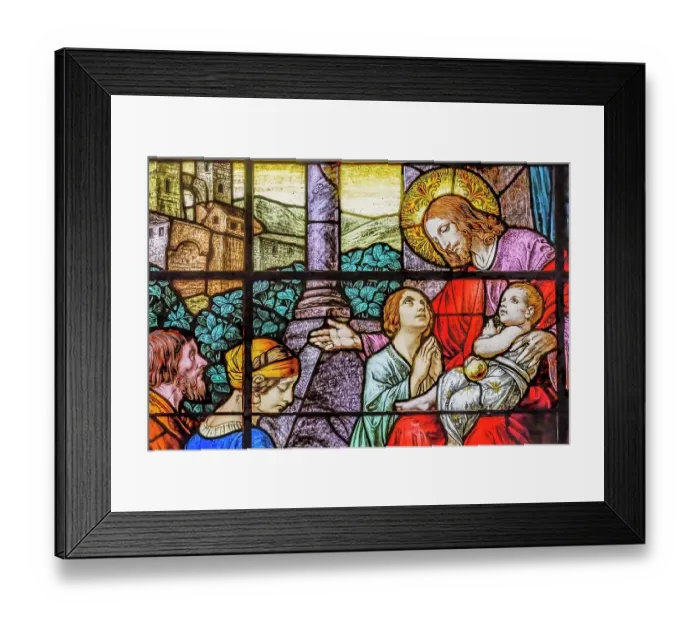 Framed Print : Jesus Little Children stained glass, Gesu Church, Miami, Florida. Built 1920's Glass by Franz Mayer