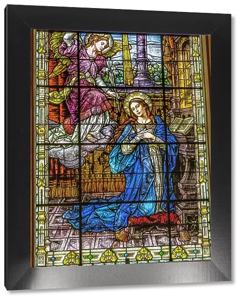 Stained glass Gesu Church, Miami, Florida. Angel Gabriel tells Mary she will have Jesus stained glass built 1920's. Glass by Franz Mayer