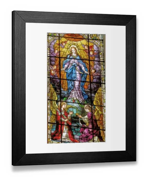 Framed Print : Assumption Virgin Mary stained glass Gesu Church, Miami, Florida. At death, Stained glass built 1920's. Glass by Franz Mayer