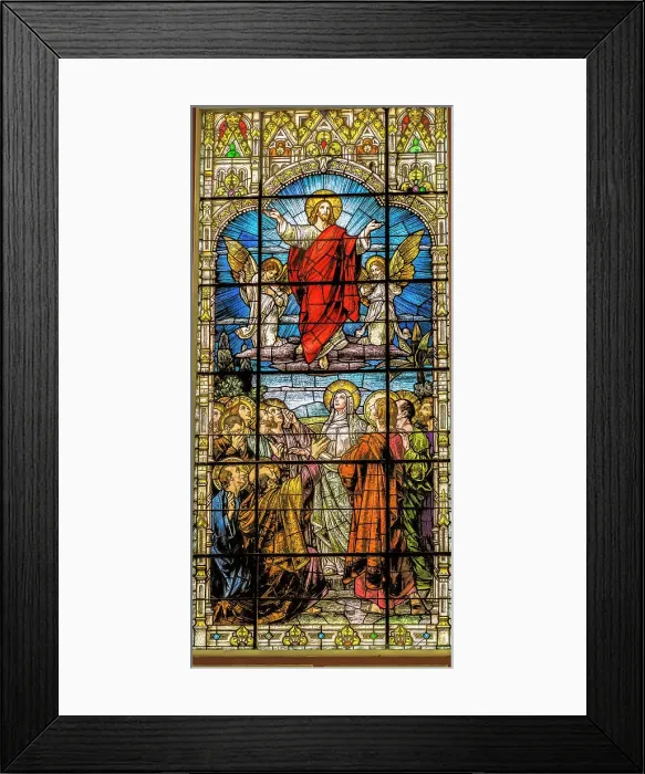 Framed Print : Jesus Ascension to Heaven stained glass Gesu Church, Miami, Florida. Built 1920's. Glass by Franz Mayer Framed Print : Jesus Ascension to Heaven stained glass Gesu Church, Miami, Florida. Built 1920's. Glass by Franz Mayer