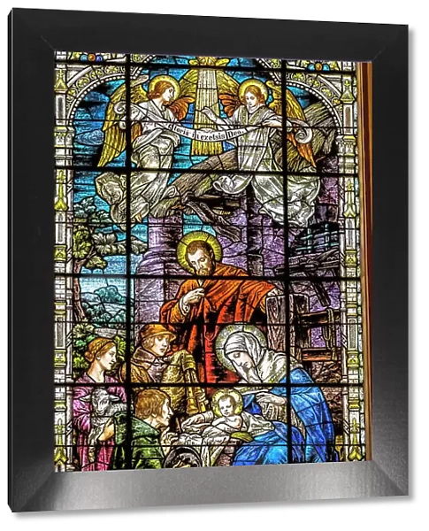 Jesus, Joseph, Mary, Nativity Birth Bethlehem stained glass, Gesu Church, Miami, Florida. Built 1920's Glass by Franz Mayer