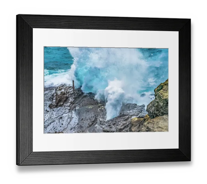 Framed Print : Halona Blowhole Lookout, Oahu, Hawaii. Waves roll in rock formation shoots sea spray in the air Framed Print : Halona Blowhole Lookout, Oahu, Hawaii. Waves roll in rock formation shoots sea spray in the air