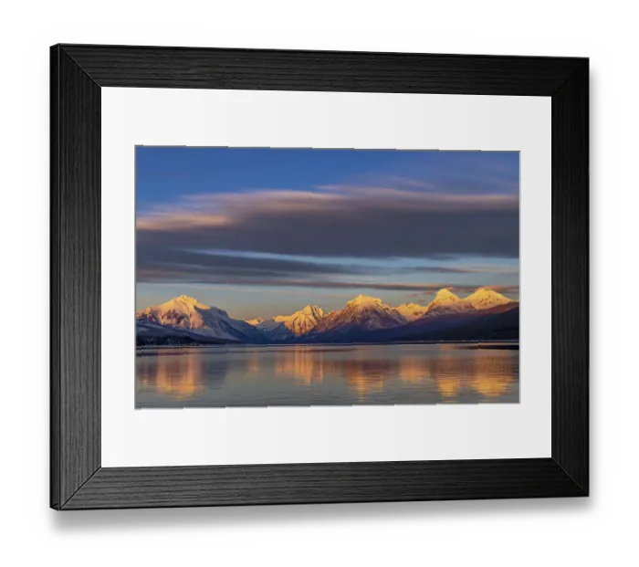 Framed Print : Winter sunset on mountain peaks over Lake McDonald in Glacier National Park, Montana, USA
