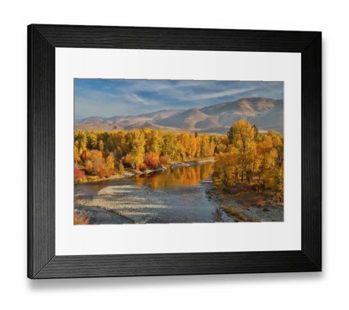 Framed Print : USA, Washington State, Methow Valley and river edged in Fall colored trees Framed Print : USA, Washington State, Methow Valley and river edged in Fall colored trees