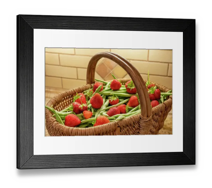 Framed Print : Issaquah, Washington State, USA. Woven basket of freshly harvested green beans and strawberries sitting on a granite kitchen countertop